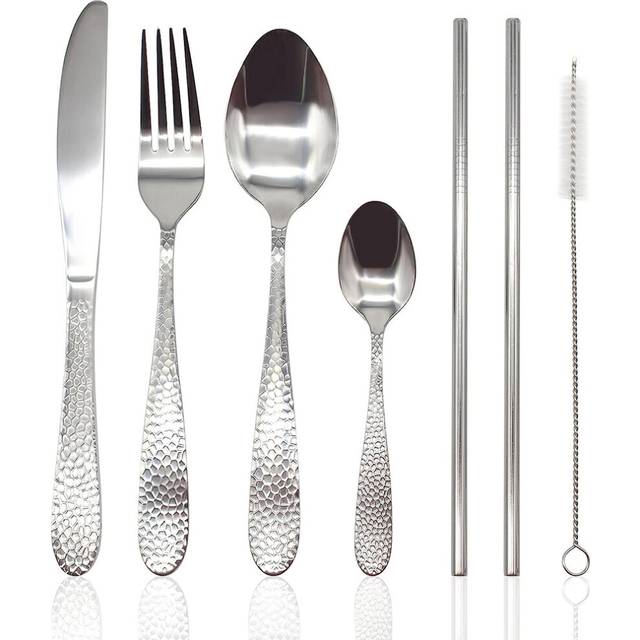 Cutlery Sets Stainless Steel Hammered Effect Handle 24 Piece Set - Grey - One Size