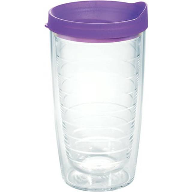 Tervis Clear & Colorful Lidded Made in USA Double Walled Insulated Tumbler Travel Cup Keeps Drinks Cold & Hot  16oz  Purple Lid