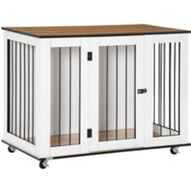 Pawhut Dog Cage End Table With Five Wheels, Dog Crate Furniture For Large Sized Dogs, With Front Door Latch, Indoor Use, White