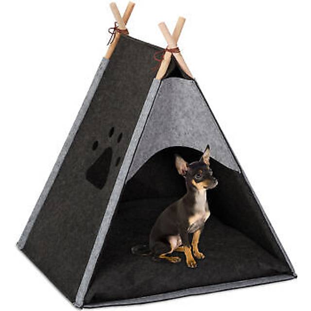 Dog Tent, Large Teepee Retreat for Cats, Felt & Wood, Cushion, 70.5x59.5x59cm, Dark Grey - Relaxdays