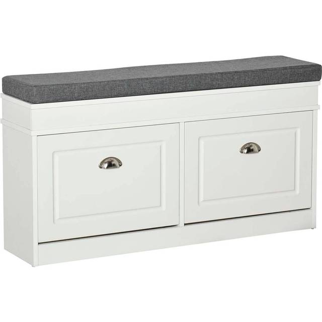 HOMCOM Shoe Storage Bench with Seat Cushion Hallway Cabinet Organizer with 2 Drawers Adjustable Shelf for Entryway Living Room Bedroom White | TJ Hug