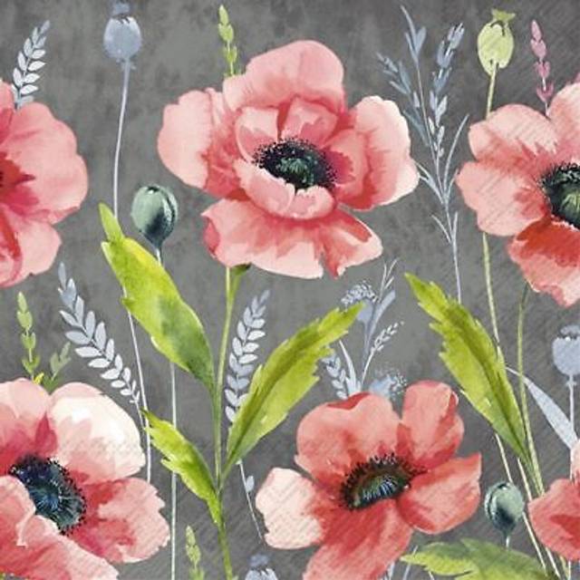 IHR Spring Red Poppies Grey Print Lunch Paper Napkins 20 Disposable 3-Ply