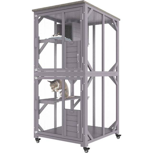 VEVOR Katzenkäfig mit 3 Ebenen und 1 Türen Katzengehege 760x865x1630mm Kleintierkäfig aus Verzinkter Maschendraht Tannenholz Nagerkäfig 14kg pro Etage Ideal für Katzen und andere kleine Tiere