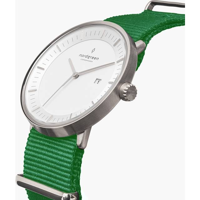 Nordgreen Minimimal Women's Thin Classy Watch - Silver Case - White Dial - 36mm Nylon Green Strap