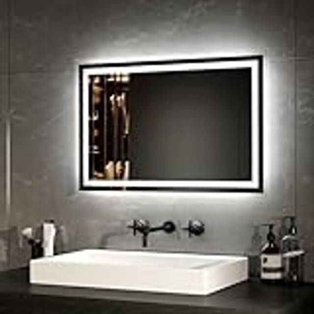 EMKE Bathroom Mirror with Lighting 40 x 60 cm LED Bathroom Mirror Anti-Fog Cool White Warm White Light Mirror Bathroom Mirror with Button Switch