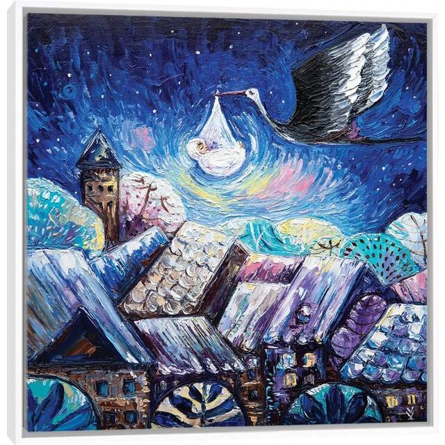 Stork by Vlada Koval - Painting on Canvas - White Framed (66.04 cm H x 66.04 cm W)