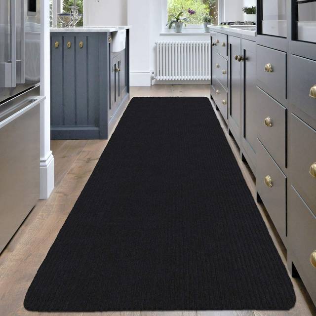 Ottomanson Solid Design Non-Slip Rubberback 3x13 Indoor/Outdoor Runner Rug for Hallway  Kitchen  Living Room  Garage  Patio  2'7 x 13'  Black