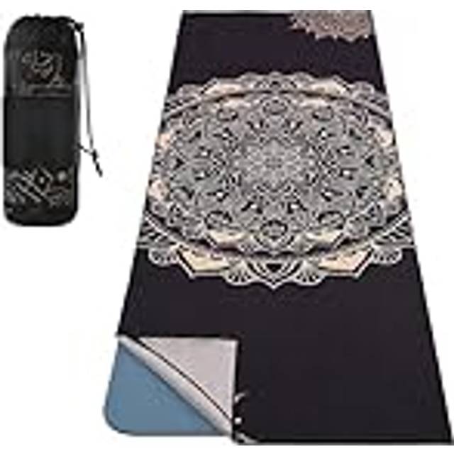 Yoga Towel, Non Slip Hot Yoga Mat Yoga Blanket Printing Pattern Quick Dry with Corner Pocket for Bikram, Pilates, Gym Workout, Outdoor Picnic, Black