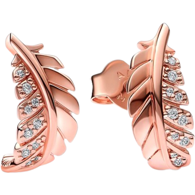 Pandora Floating Curved Feather Stud Earrings - 14k rose gold plating / Cubic zirconia - Clear - one size