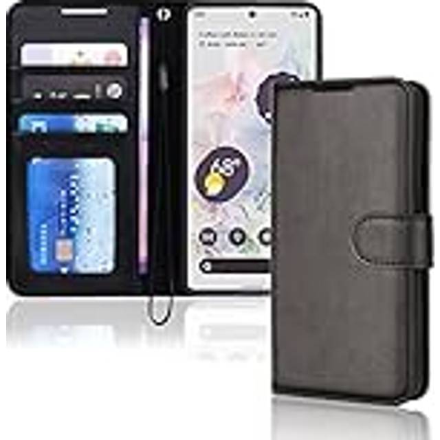 (Black) Pixel 6 Leather Wallet Case, Flip Protective Case with Wallet Card Holder, Stand and Wrist Strap - PU Leather with Magnetic Closure For Google