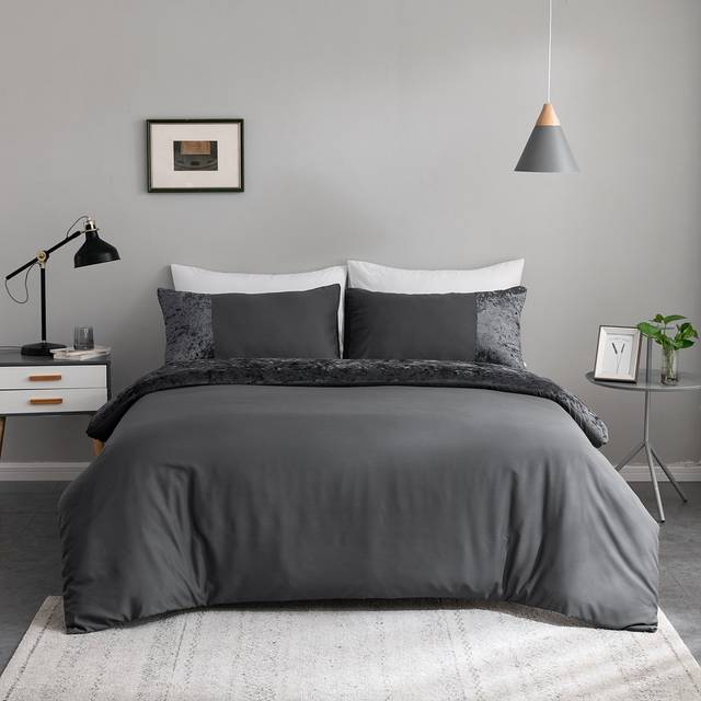 SHEIN Luxury Glossy Velvet Duvet Cover Set 100% Ultra Soft Polyester In Light/Dark Grey White - Breathable Hypoallergenic Bedding (Multiple Sizes) Modern Te