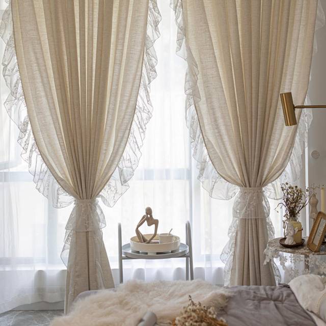 SHEIN 1pc White Ruffled Lace Semi Blackout Curtains For Bedroom Light Filtering Curtains French Romantic Bay Window Drapes