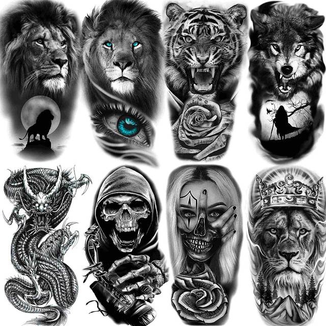 SHEIN 8pcs Temporary Tattoo Stickers For Adults, Wolf Tiger Lion Design For Women, Sleeve Tattoo For Men, Dragon & Gang Eye & Totem Fake Tattoo Sticker, Flo