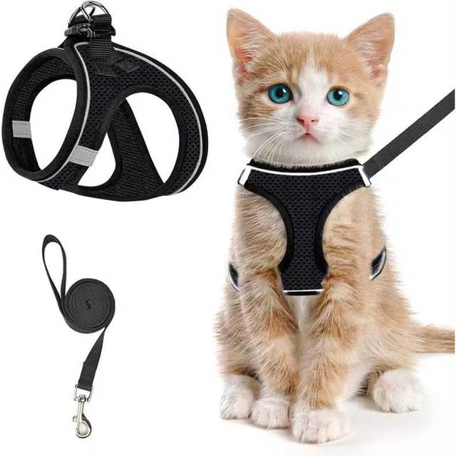 SHEIN Cat Harness And Leash Set For Walking, Escape Proof Soft Adjustable Vest Harness With Easy Control Breathable Reflective Stripe Jacket, Black