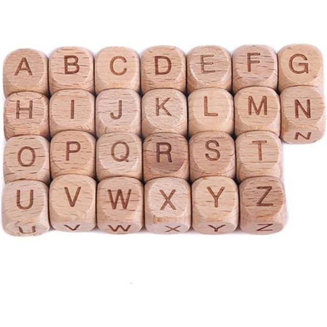 SHEIN 26pcs Beechwood English Letter Beads, 0.47 Inch Diameter Square Beads With Hole, DIY Accessory