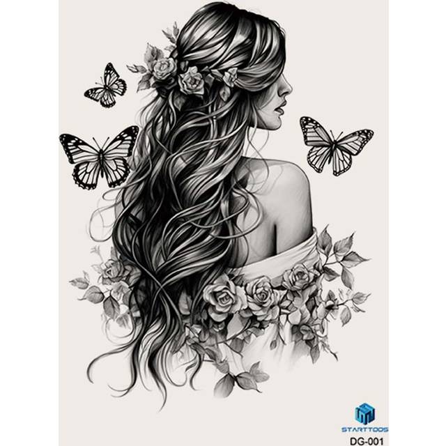 SHEIN 1pc Black Hair Beauty, Back, Flower & Butterfly Pattern Temporary Tattoo Sticker For Arm And Body
