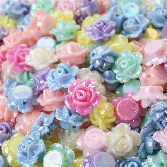 SHEIN 50pcs/Lot 8x13mm(0.31*0.51inch) Bloom Rose Flower Acrylic Beads Colorful AB Jewelry Beads For Making Bracelet Necklace Handmade Supplies Valentines