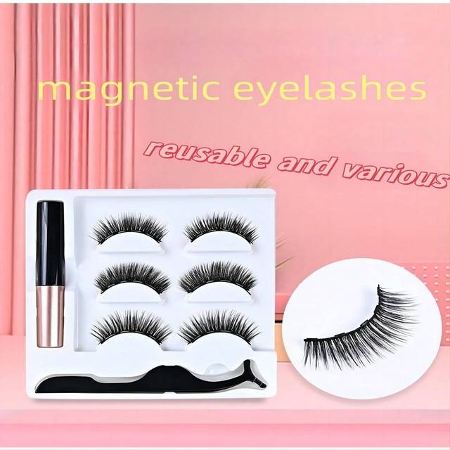 SHEIN 3 Pairs Magnetic False Eyelashes Set, Handmade Faux Mink Eyelashes With Magnetic Eyeliner And Tweezers, No Glue Needed, Short Magnetic Eyelashes Kit,