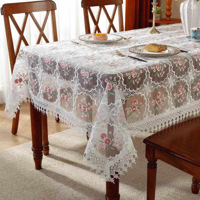 SHEIN Elegant Embroidered Organza Fabric Water-Soluble Hollow Lace Floral Tablecloth For Kitchen Dining Table, Coffee Table, Desk, Vanity, Home Decoration,