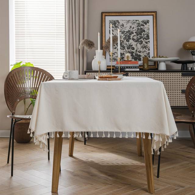 Bubaba 1pc Ivory-White Tablecloth, Rustic Farmhouse Solid Color Linen Tablecloth With Cream Tassels, Suitable For Dining Room, Kitchen, Tabletop, Party, Holi