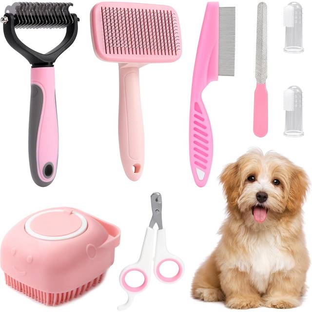 SHEIN 8pcs/set Dog Grooming Kit, Pet Self-cleaning Set With Nail Clippers & File, Flea Comb, Shampoo Brush, Shedding Brush, Dematting Comb, Silicon Toothbru