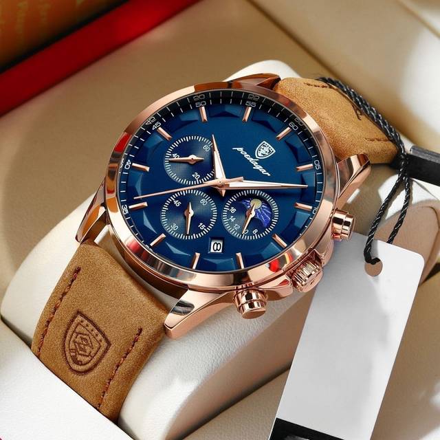 POEDAGAR 1pc 50M Waterproof True Chronograph Multifunctional Rust-Proof Brown Leather Luminous Hands Japan Imported Quartz Automatic Movement - High-Quality Bu