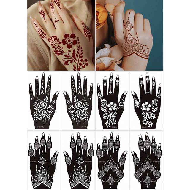 SHEIN 8 Sheets Henna Stencil Temporary Hand Tattoo Body Art Sticker Template Wedding Tool Flower Tattoo Stencil For Body Art Painting