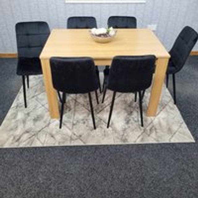 Portland Rocco 6 Seater Velvet Dining Set Wooden Oak Effect and Black - Multi
