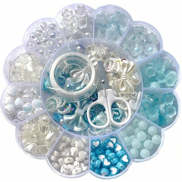 SHEIN 13 Grid 0.6-2.6cm Blue And White Mixed Acrylic Round Bead Flower Beads Can Be Used As Bracelets, Necklaces, Rings, DIY Jewelry Accessories, And Small