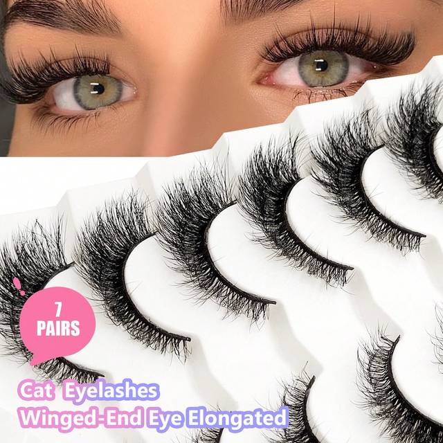 Asiteo 7 Pairs Cat-Eye Faux Mink Eyelashes Curled Winged Natural Realistic Messy End Eye Elongated Thick False Eyelashes Soft Fake Eyelashes