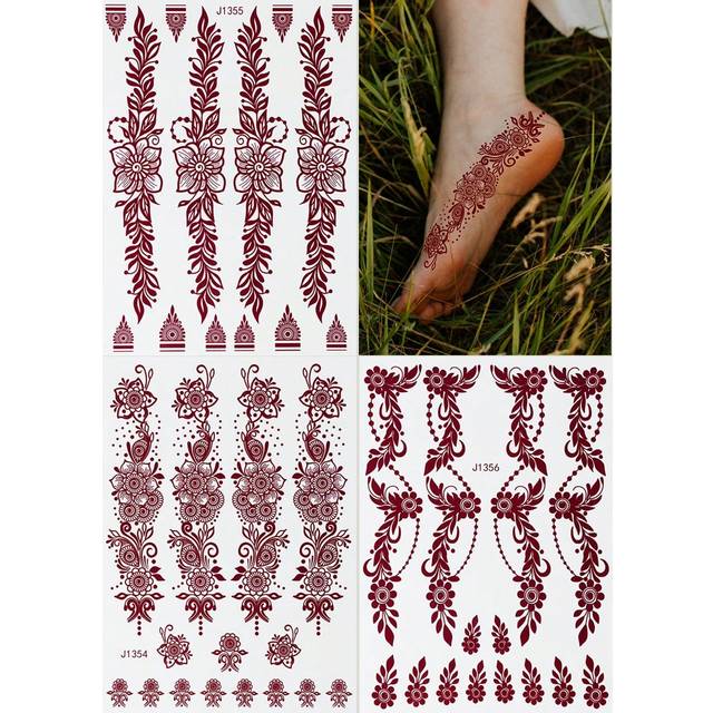 SHEIN 3 Sheets Maroon Flower Temporary Tattoos, Fashion Flash Women Tattoo, Water-Proof Body Art Stickers For Foot And Hand