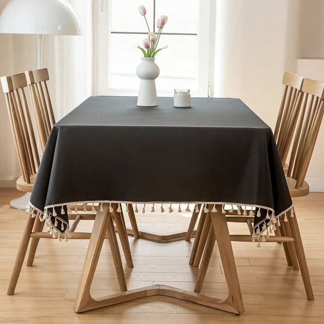 st enfärgad duk med tofsar och spetskant, vattentät möbelöverdrag för möte/matsal/skrivbord/soffbord, bordsduk i tyg, även som picknickmatta - Svart (Multi-size)
