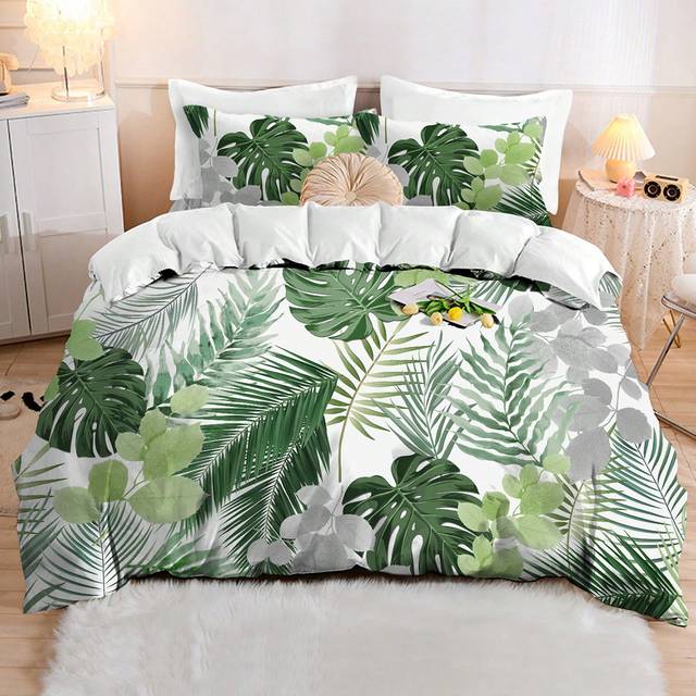 SHEIN 3pcs Plant Green Leaf Floral Pattern Digital Print Bedding Set, Suitable For Bedroom, Guest Room