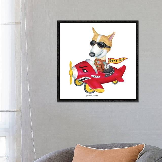 Corgi In Red Plane by Danny Gordon - Graphic Art on Canvas - Black Floater Frame (66.04cm H x 66.04cm W x 3.81cm D)