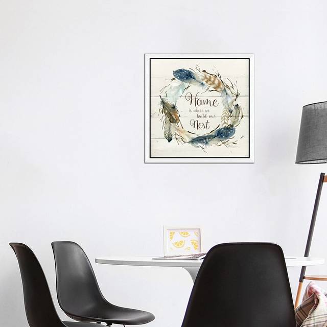 &#39;Feather Home Nest&#39; by Carol Robinson - Floater Frame Typography Print on Canvas - White (45.72cm H x 45.72cm W x 3.81cm D)