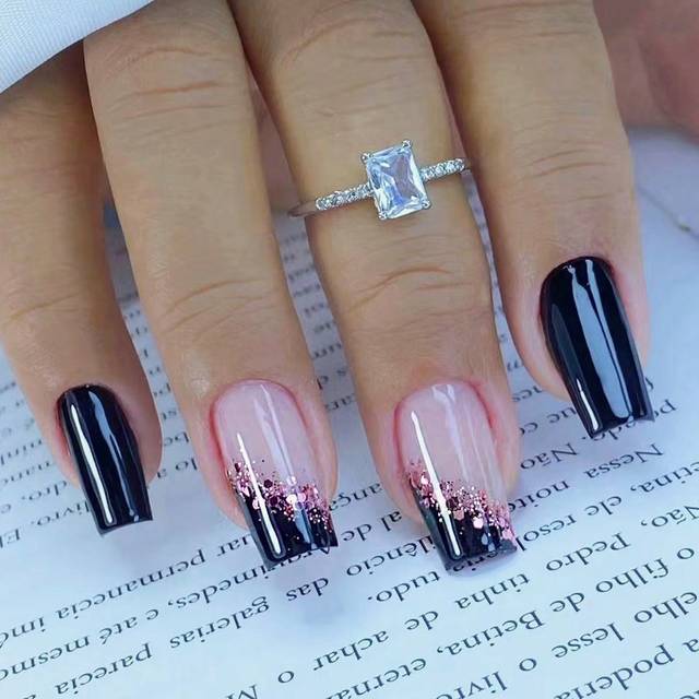 SHEIN Elevate Your Style With 24 Pcs Long Square Press On Nails A Black Currant Purplish Blue Advanced Simple Large Glitter Atmosphere Designed For Girls An