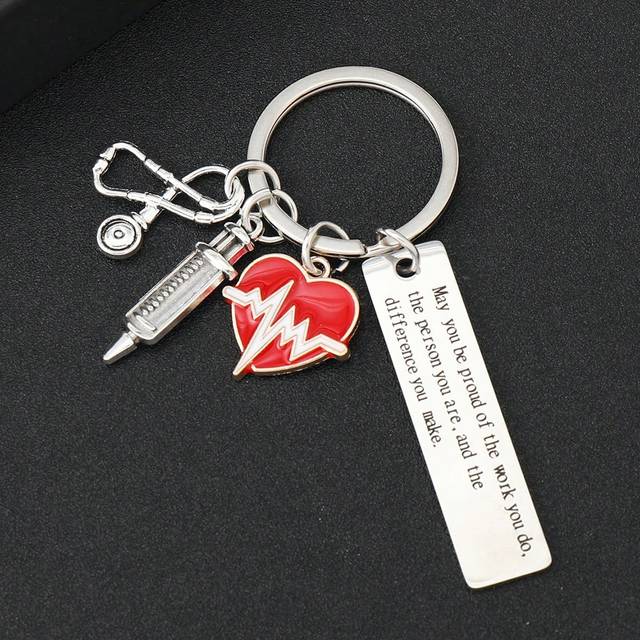 SHEIN 1pc Stainless Steel Keychain Nurse/Doctor/Coworker Gift With Ekg Heartbeat And Thank You Charm Valentine&#39;s Day Valentines