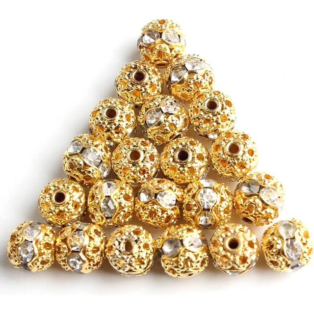 SHEIN 50pcs/lot Big Hole Rhinestone Ball Gold Color Crystal Beads for Jewelry Making Fashionable Beads for Bracelets Necklace DIY Women Accessories
