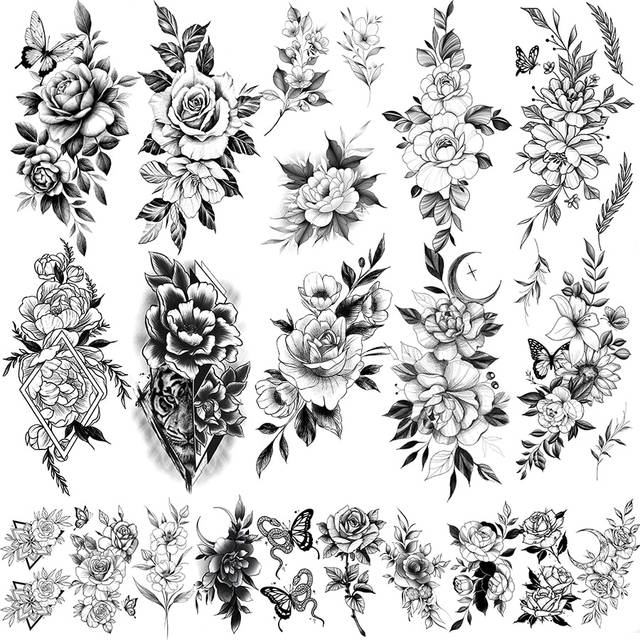 SHEIN 20pcs Temporary Tattoo Stickers, Sexy Floral Rose Design In Big And Small Size, Suitable For Women, Girls, Adults; Body Art, Fake Arm Tattoo Sticker,