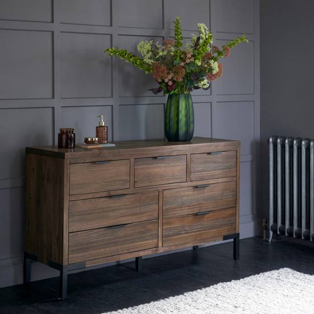 Solid Hardwood & Metal Chest of Drawers - 7 Drawer Chest - Detroit Range - Oak Furnitureland