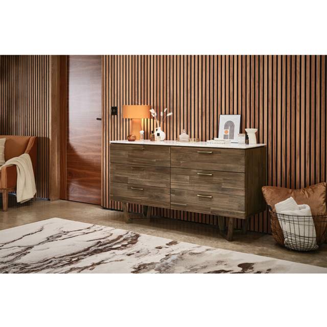 Solid Acacia & Italian Marble Chest of Drawers - 6 Drawer Chest - Islington Range - Oak Furnitureland