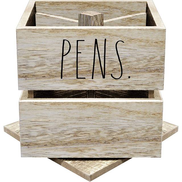 Rae Dunn Pencil Cup - Wooden Pen Holder Desktop Organizer - Small Rustic Wood Desk Top Caddy for Office Accessories and Supplies - Organization for Ho