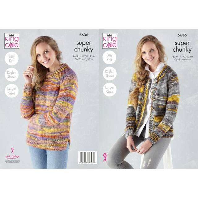 Easy knit sweater & cardigan womens knitting pattern king cole super chunky 5636