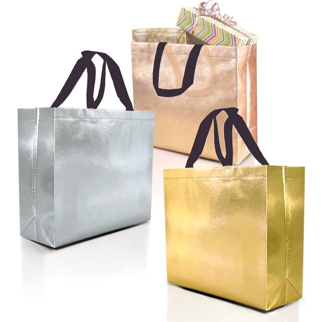 Nush Nush 12 Gift Bags Luxury Mix Color Set - 4 Rose Gold, 4 Silver, 4 Gold Reusable Gift Bags With Black Handles - Ideal As Large Goodie Bags, Birth