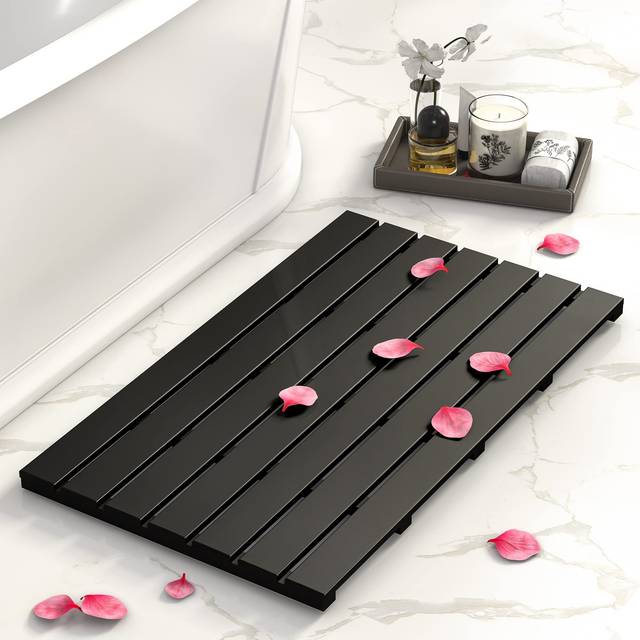 Domax Wooden Bamboo Bath Shower Mat- Non-Slip Waterproof Large Bathroom Floor Mat for Indoor Outdoor (Black  31.3 x 18.1 x 1.5 Inches)