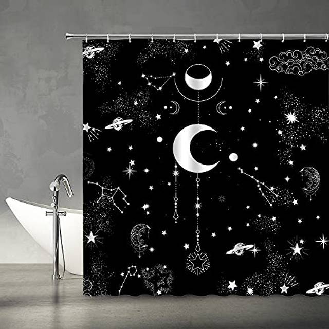 YSATNSFT Sun and Moon Shower Curtain Vintage Sketch Celestial Black White Constellation Mysticism Chic Art Modern Abstract Fabric Bathroom Decor Set w