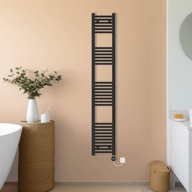 (Black, 1800x300mm) NRG Prefilled Thermostatic Electric Straight Heated Towel Rail Radiator