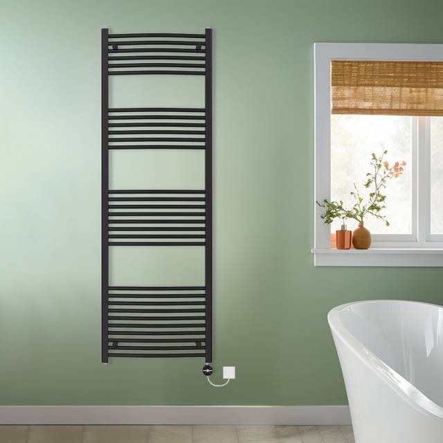 (Black, 1800x600mm) NRG Prefilled Thermostatic Electric Curved Heated Towel Rail Radiator