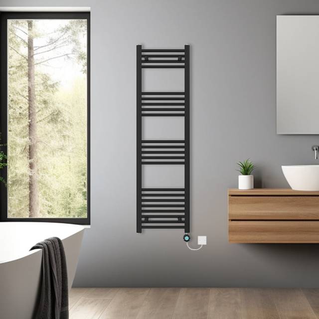 (Black, 1400x400mm) Bathroom Prefilled Electric Heated Towel Rail Straight Radiator Thermo Smart WiFi
