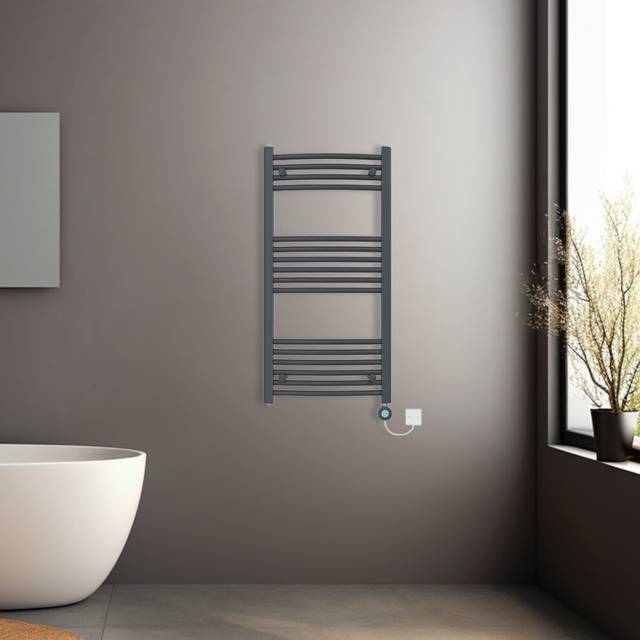 (Anthracite, 1000x500mm) Prefilled Electric Heated Towel Rail Radiator Curved Thermo Smart WiFi